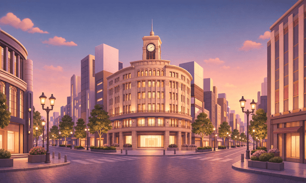 時計台のある銀座の街並みを表現したエリアイラスト