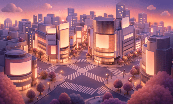 夕景の渋谷スクランブル交差点を表現したエリアイラスト
