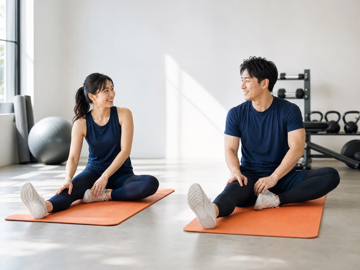 明るい運動空間で別々のマットに座る二人の利用イメージ