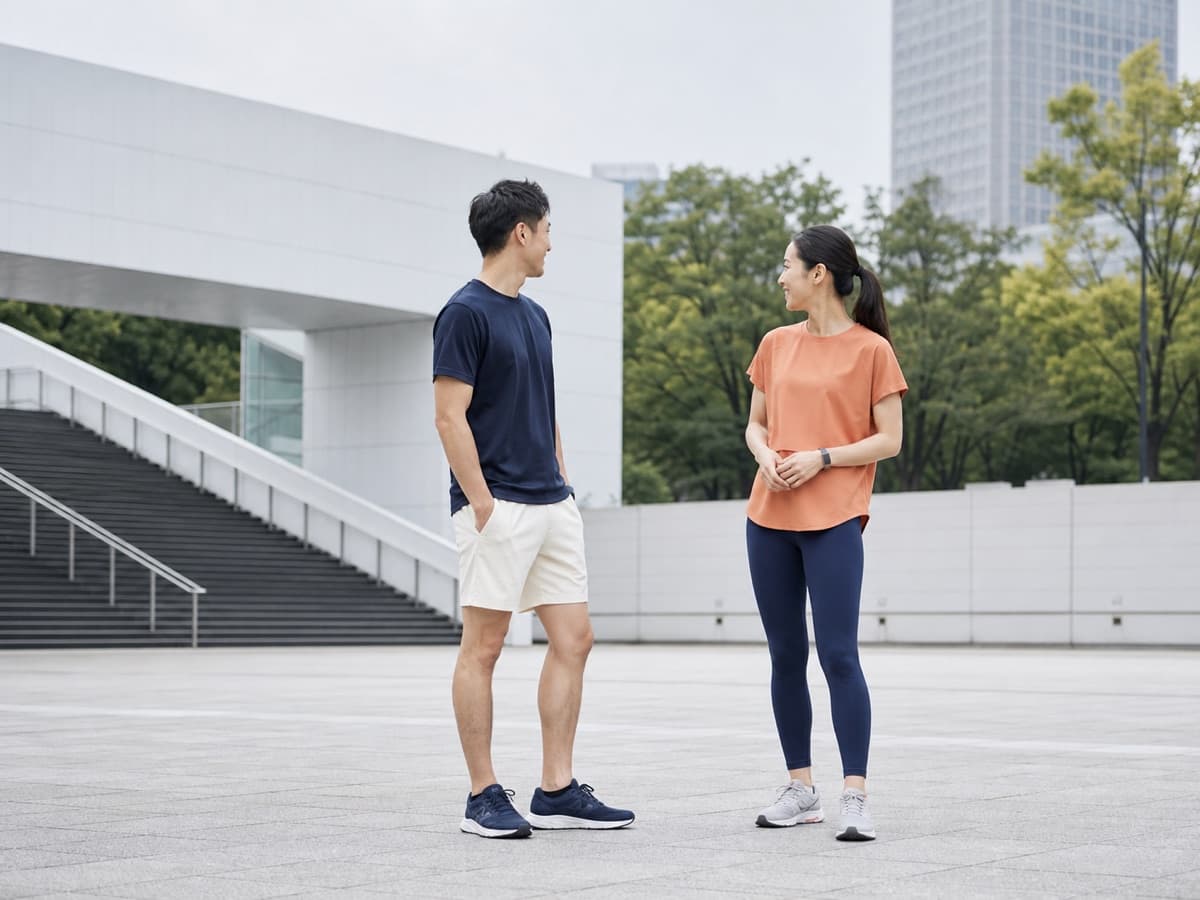 開けた公共空間で会話する二人の利用イメージ