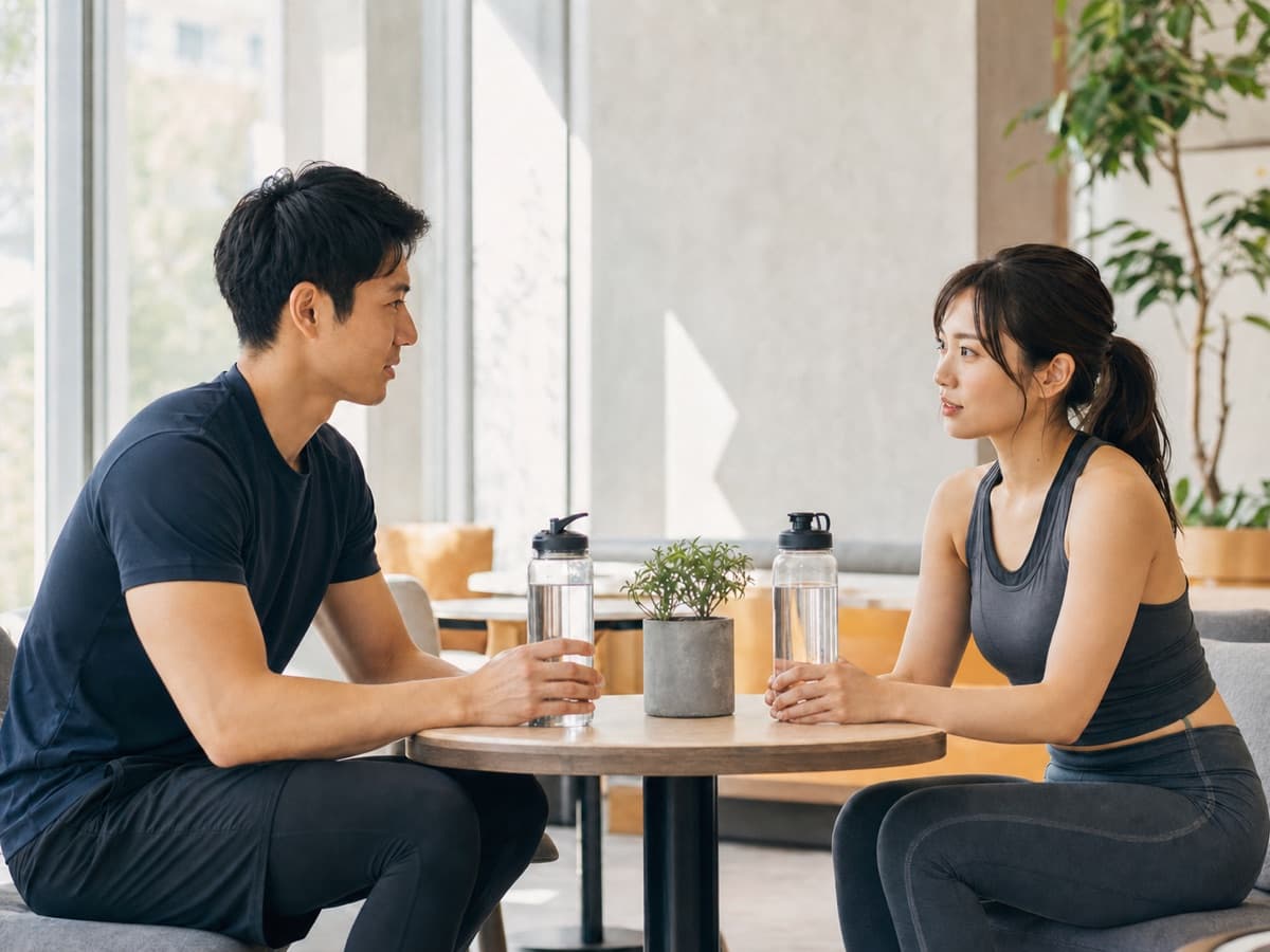 運動後に水を飲みながら会話する二人