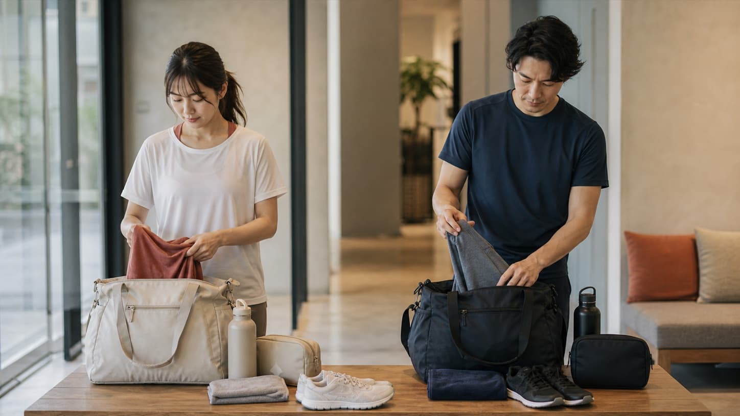 それぞれのジムバッグへ着替えやタオルを準備する二人の利用イメージ