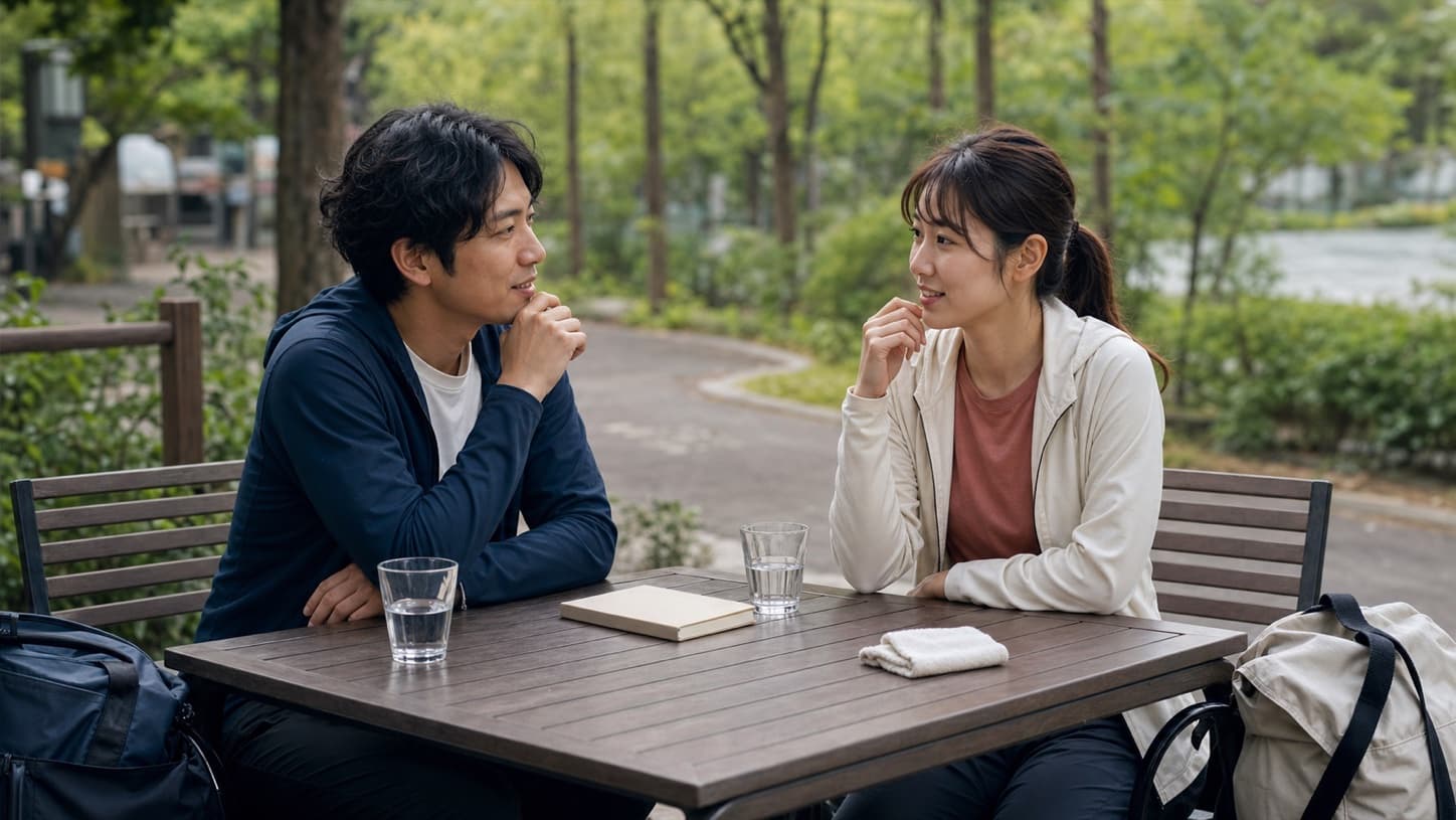 屋外の開けた場所で次の予定を落ち着いて相談する二人の利用イメージ
