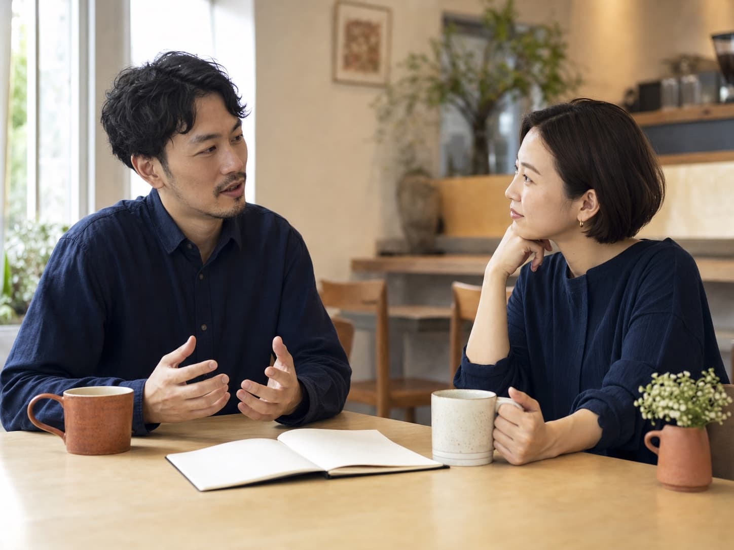 落ち着いた場所で互いの話を聞きながら日常について話す二人の利用イメージ