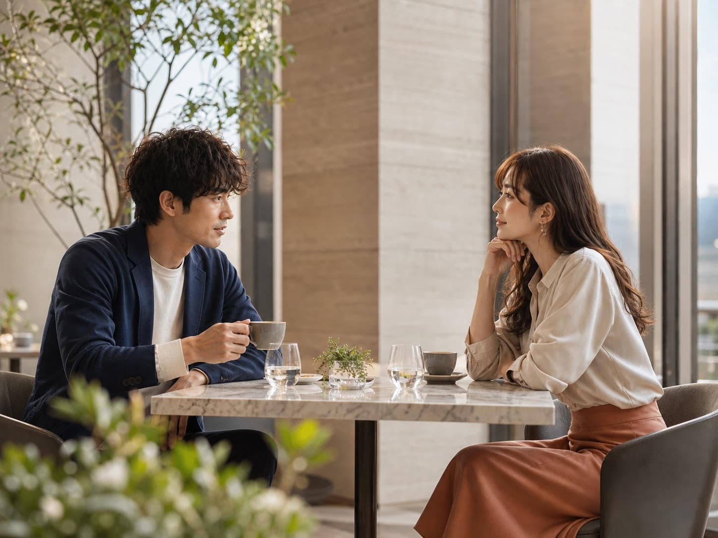 表参道を思わせるカフェで会話する二人