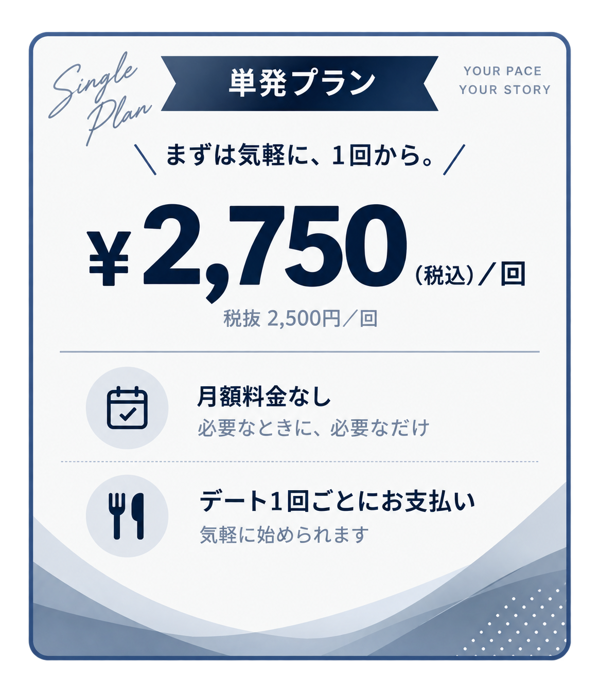 単発プラン:デート1回につき2,750円(税込・税抜2,500円)。月額料金なし。デート1回ごとにお支払い。